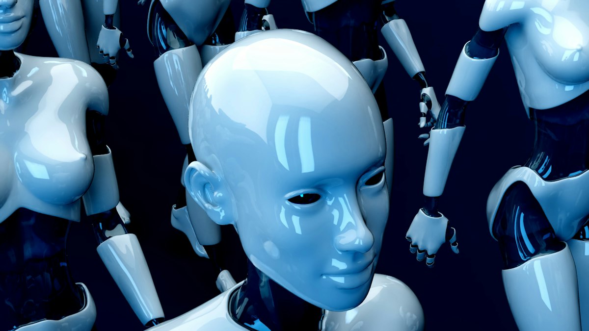 Group of humanoid robots representing discovery among AI personalities