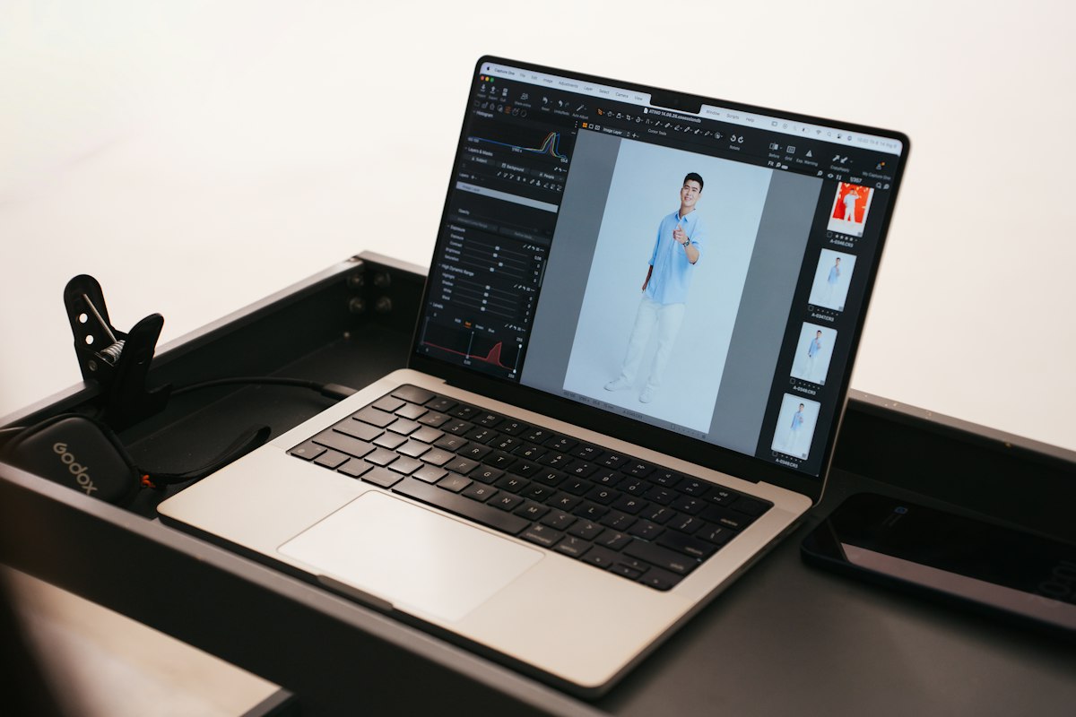 Creative photo-editing workspace illustrating AI photos transformed into chat scenes